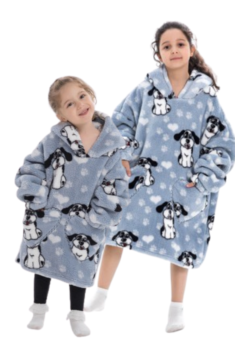 Hondjes deken kind met capuchon - fleece poncho-98 t/m 128 (ca.3-7 jaar)