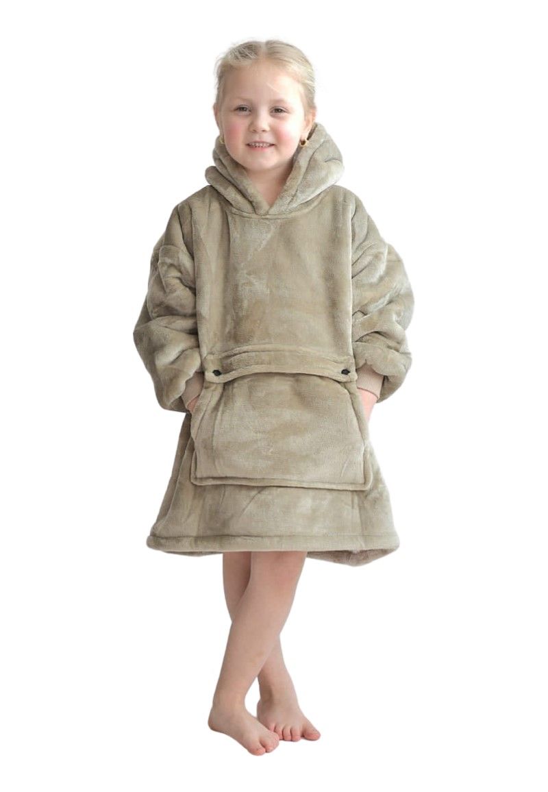 Fleece deken met capuchon & mouwen - klein kind - khaki