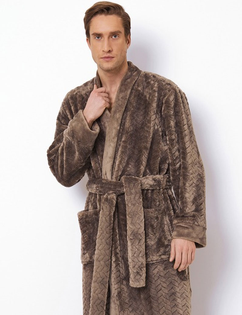 Extra lange heren kimono van fleece - reliëf patroon - taupe -2xl